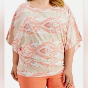 JM Collection Women’s Dolman Sleeve Beige and Coral Paisley Banded Waist Top